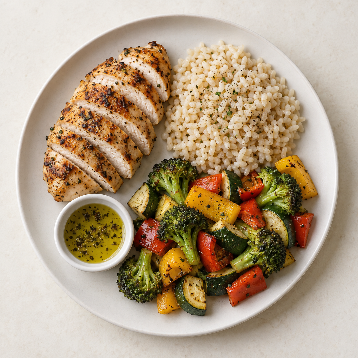 Chicken, rice and colourful vegetables with olive oil